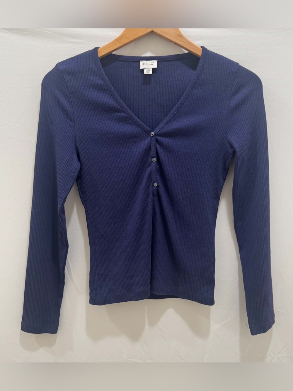 J. Crew Navy Ribbed V-Neck Henley Long Sleeve Button Top Dark Purple Women XS